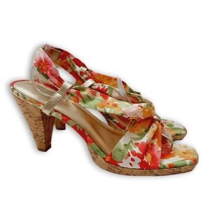 ANNE KLEIN Floral Cork Heel Open Toe Slingback Sandals Multi-Color Sz 10